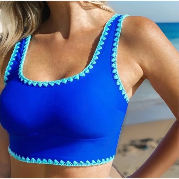 Cupshe Blue Two-Piece Swimsuit Small Scoop Neck Tank Bikini High Waist Trim - Picture 2 of 9